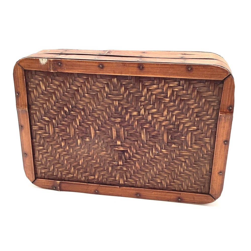 Vintage Woven Bamboo Wood Storage Box Brown Wicker Suitcase Boho Coastal